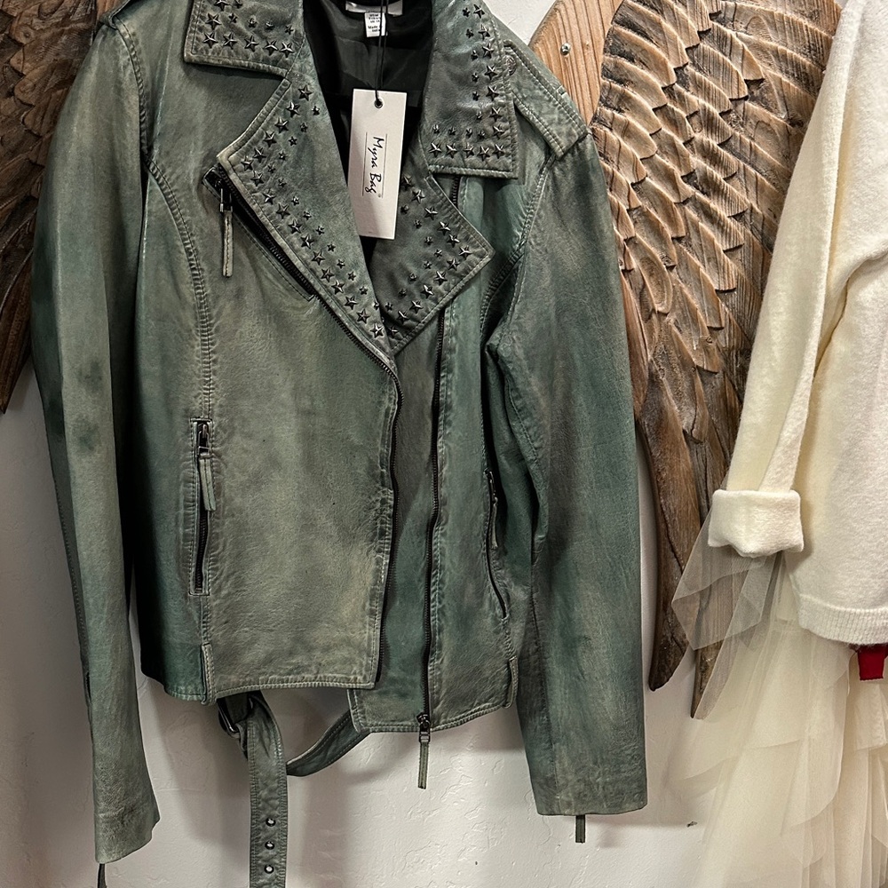 Myra Bag Studded Leather Jacket in Green